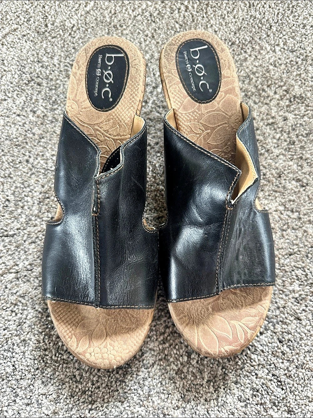 b.o.c. Leather Wedge Slide Sandals in Black